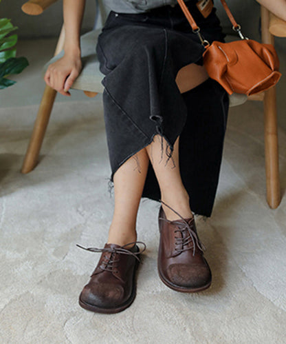 Retro Splicing Flat Shoes for Lace Up Chocolate Cowhide Leather Flat Shoes