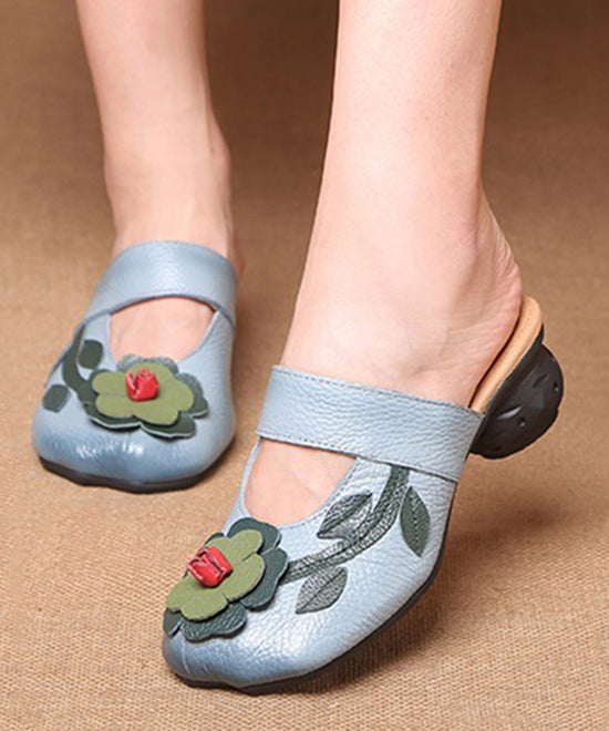 Retro Splicing Chunky Blue Cowhide Leather Slide Sandals