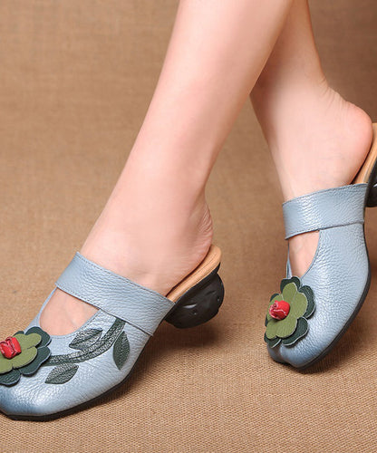 Retro Splicing Chunky Blue Cowhide Leather Slide Sandals