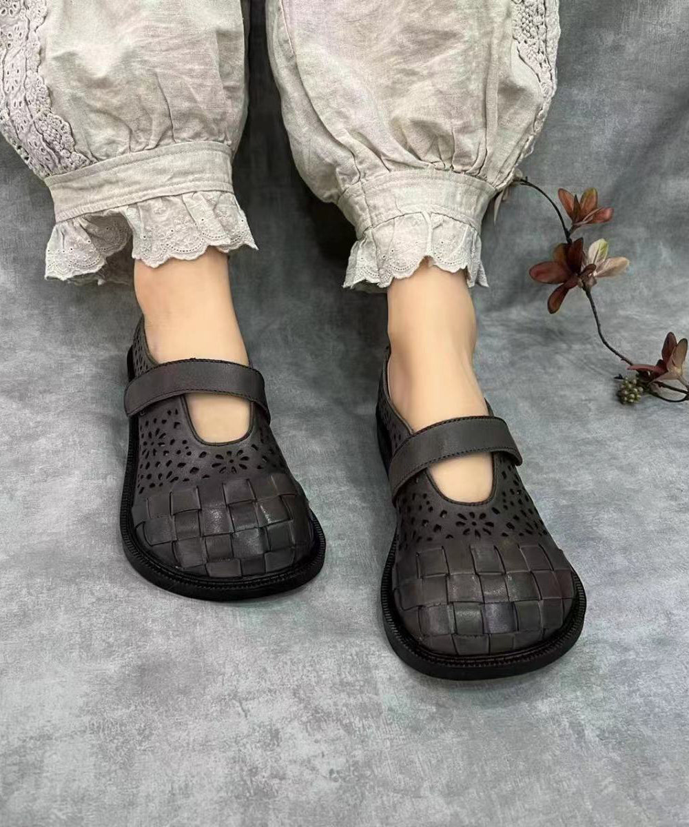Retro Splicing Hollow Out Flat Shoes Brown Cowhide Leather Soolinen Shoes-20251