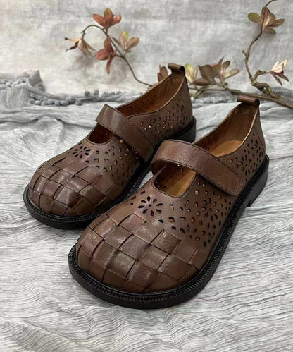 Retro Splicing Hollow Out Flat Shoes Brown Cowhide Leather Soolinen Shoes-20251