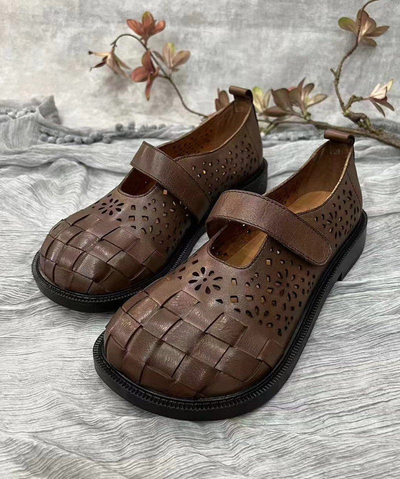 Retro Splicing Hollow Out Flat Shoes Brown Cowhide Leather Soolinen Shoes-20251