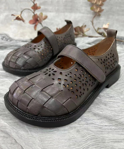 Retro Splicing Hollow Out Flat Shoes Brown Cowhide Leather Soolinen Shoes-20251