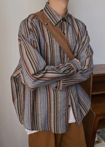 Retro Striped Button Pockets Oversized Cotton Mens Shirts Spring