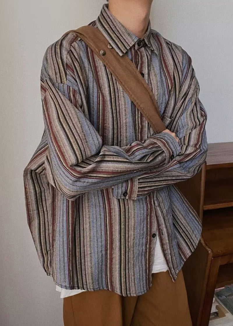 Retro Striped Button Pockets Oversized Cotton Shirts Spring