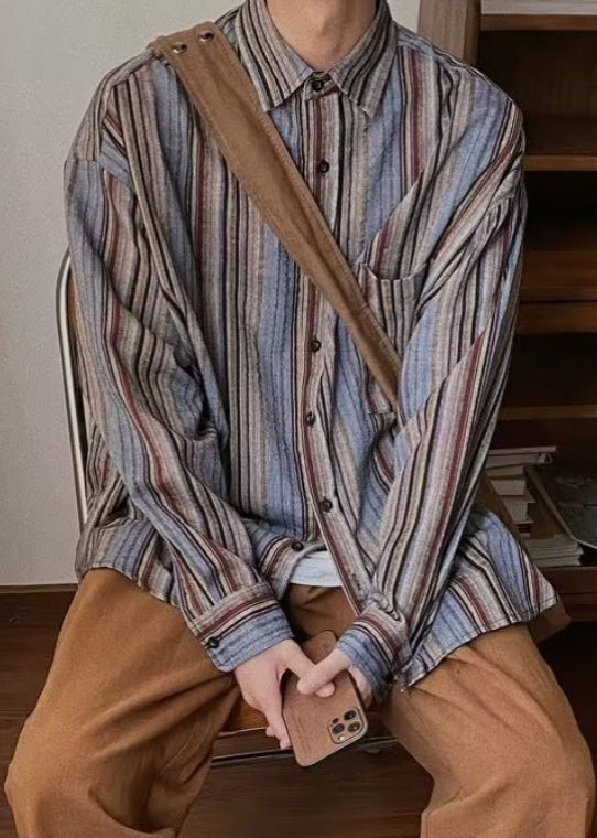 Retro Striped Button Pockets Oversized Cotton Mens Shirts Spring