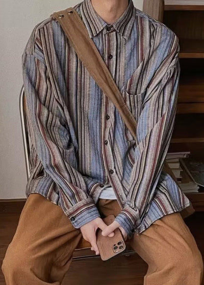 Retro Striped Button Pockets Oversized Cotton Mens Shirts Spring