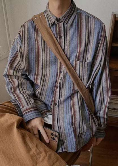 Retro Striped Button Pockets Oversized Cotton Mens Shirts Spring