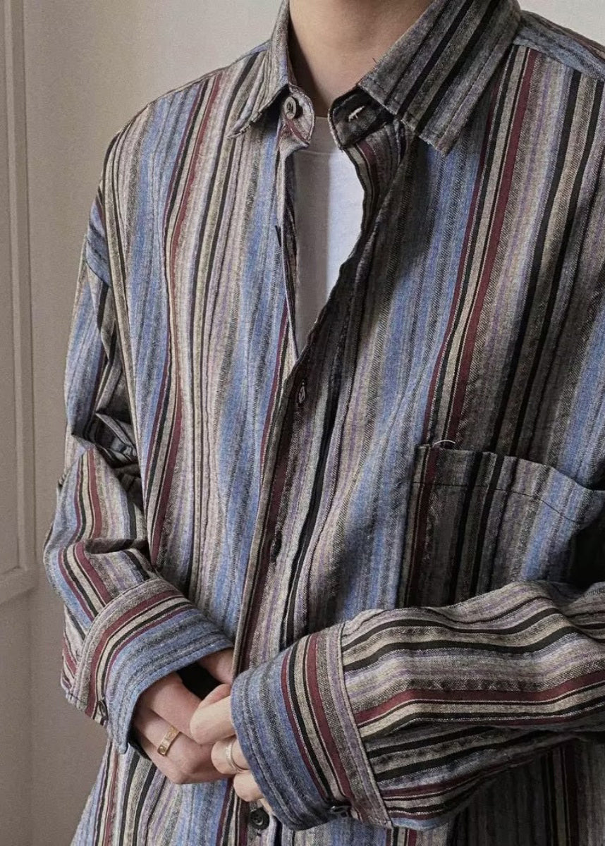 Retro Striped Button Pockets Oversized Cotton Mens Shirts Spring