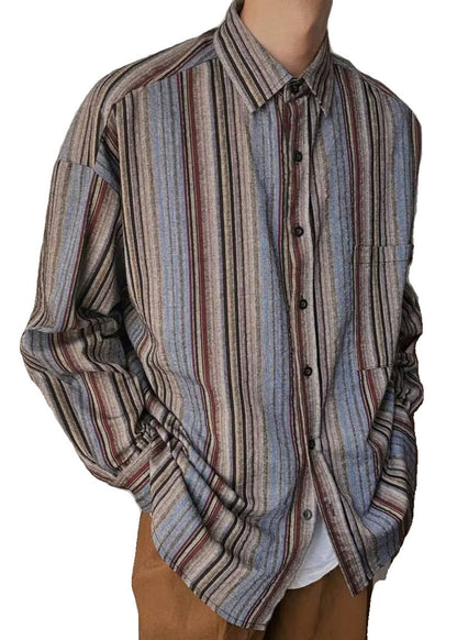 Retro Striped Button Pockets Oversized Cotton Mens Shirts Spring