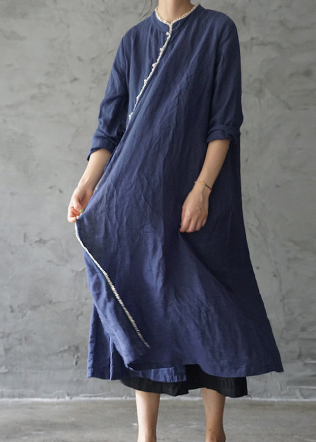Retro Tibetan Blue Lace Patchwork Linen Dresses Long Sleeve