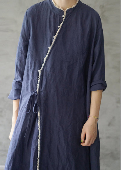 Retro Tibetan Blue Lace Patchwork Linen Dresses Long Sleeve