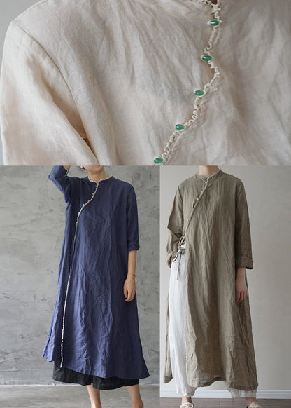 Retro Tibetan Blue Lace Patchwork Linen Dresses Long Sleeve