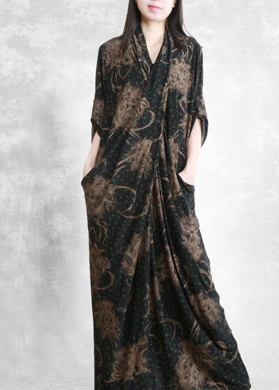 Retro V Neck Asymmetrical Print Pockets Draping Silk Dress Half Sleeve