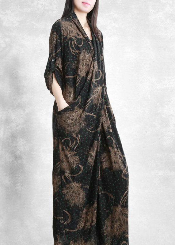 Retro V Neck Asymmetrical Print Pockets Draping Silk Dress Half Sleeve