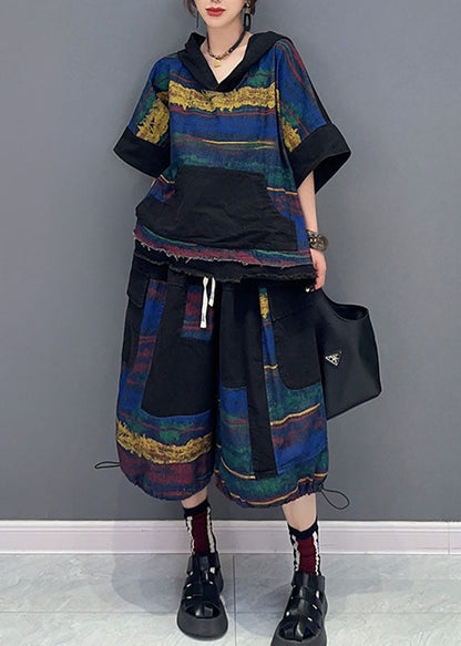 Retro V Neck Patchwork Hooded Top and Half Pants Two Pieces Set Short Sleeve