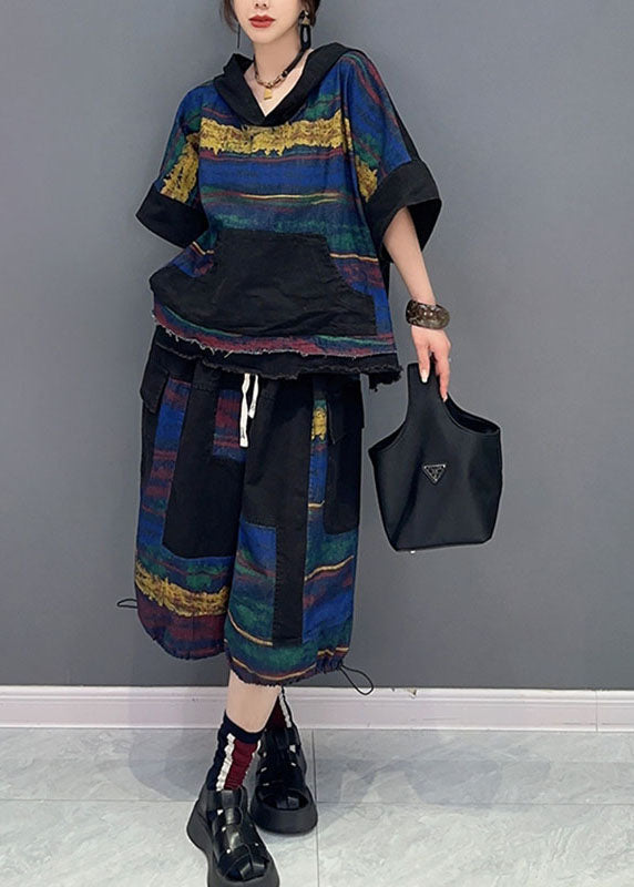 Retro V Neck Patchwork Hooded Top and Half Pants Two Pieces Set Short Sleeve