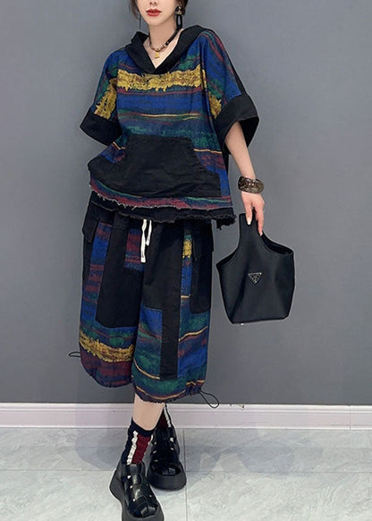 Retro V Neck Patchwork Hooded Top and Half Pants Two Pieces Set Short Sleeve