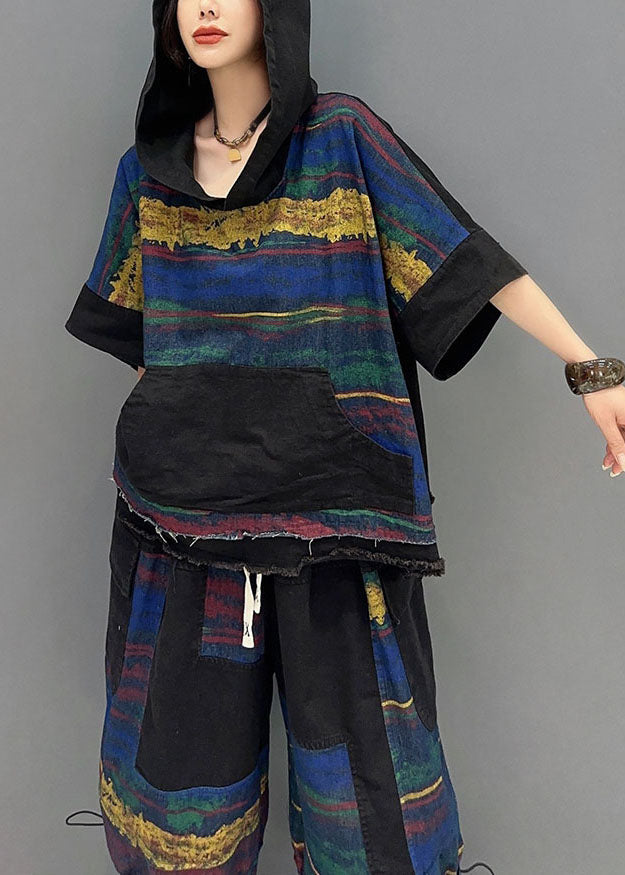 Retro V Neck Patchwork Hooded Top and Half Pants Two Pieces Set Short Sleeve