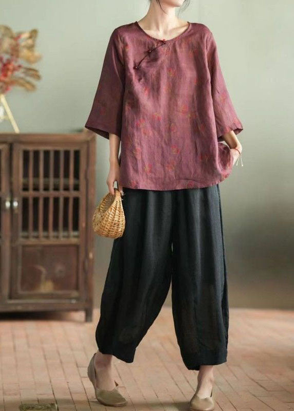 Retro Wine Red Print Tops and Pants Patchwork Linen Two Pieces Set Summer