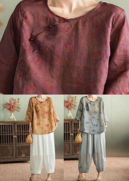Retro Wine Red Print Tops and Pants Patchwork Linen Two Pieces Set Summer