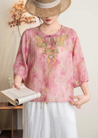 Retro Yellow O-neck Embroidered Linen Shirt Summer