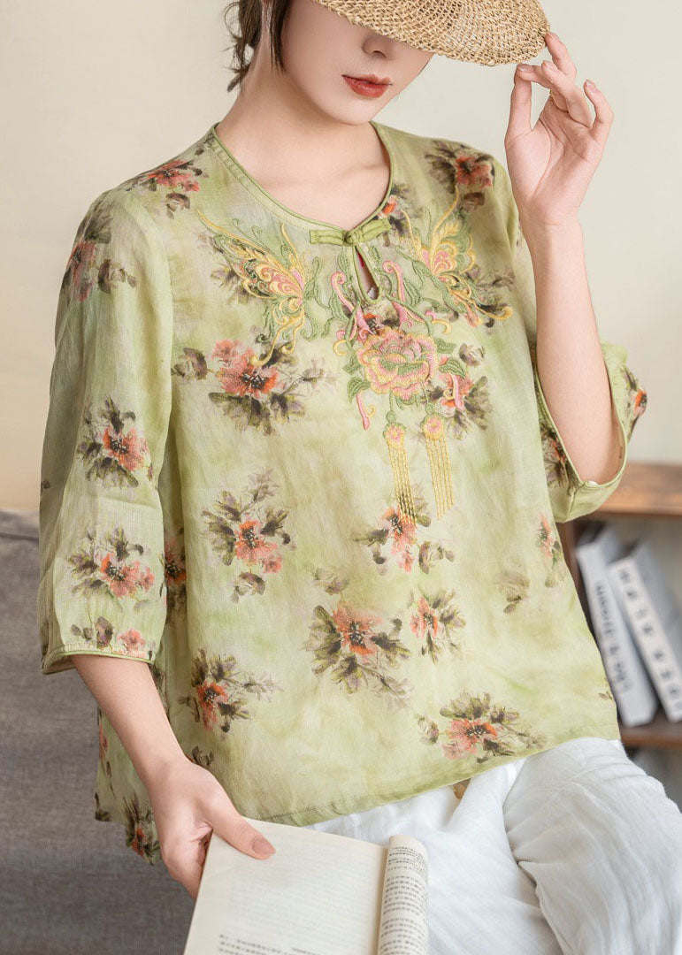 Retro Yellow O-neck Embroidered Linen Shirt Summer