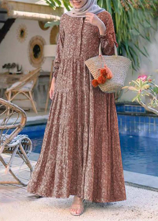 Retro Yellow O-neck Print Patchwork Button Long Dresses Long Sleeve