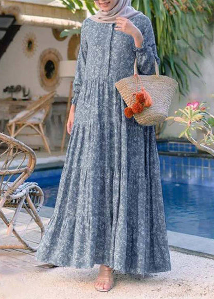 Retro Yellow O-neck Print Patchwork Button Long Dresses Long Sleeve