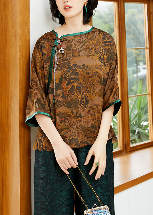 Retro Yellow O-neck Print Patchwork Silk Tops Half Sleeve