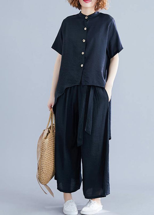Retro Suit Silk Hemp Irregular Short-sleeved Shirt + Elastic Waist Strap Wide Leg Pants Black Was Thin