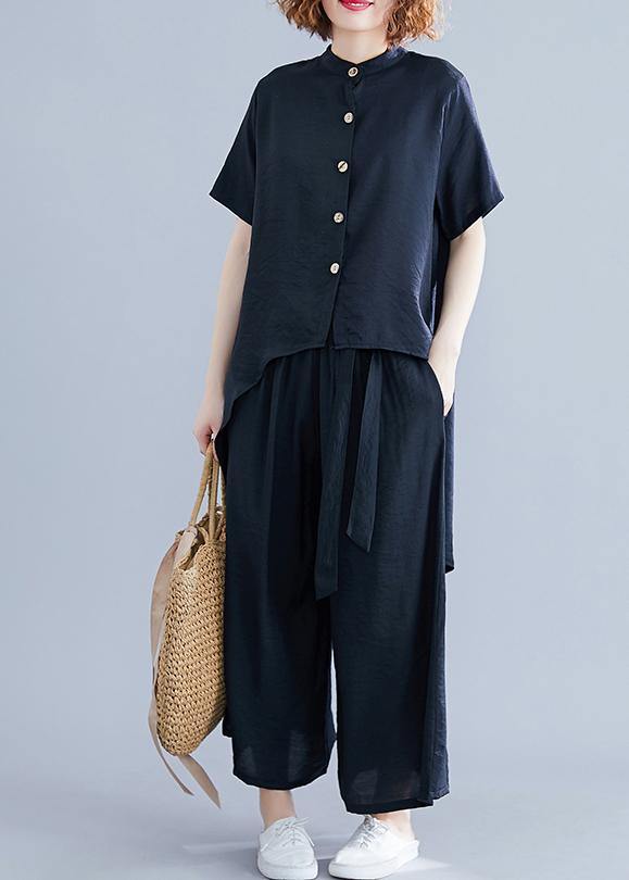 Retro Suit Silk Hemp Irregular Short-sleeved Shirt + Elastic Waist Strap Wide Leg Pants Black Was Thin