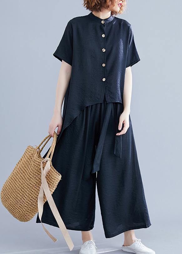 Retro Suit Silk Hemp Irregular Short-sleeved Shirt + Elastic Waist Strap Wide Leg Pants Black Was Thin