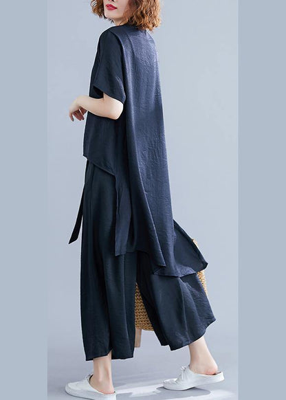 Retro Suit Silk Hemp Irregular Short-sleeved Shirt + Elastic Waist Strap Wide Leg Pants Black Was Thin