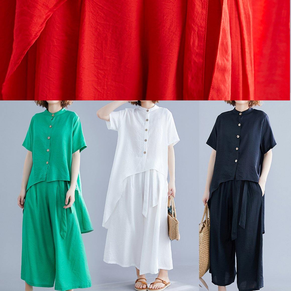Retro Suit Silk Hemp Irregular Short-sleeved Shirt + Elastic Waist Strap Wide Leg Pants Black Was Thin