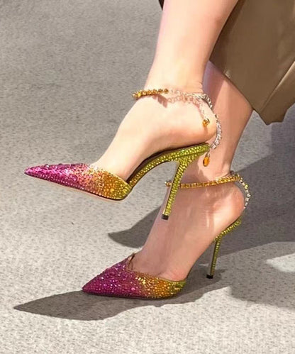 Rhinestone Gradient Color Pointed Thin Heel Sandals New