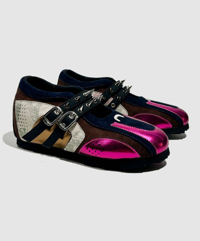 Rose Cowhide Leather Splicing Rivet Wedge Heels Shoes