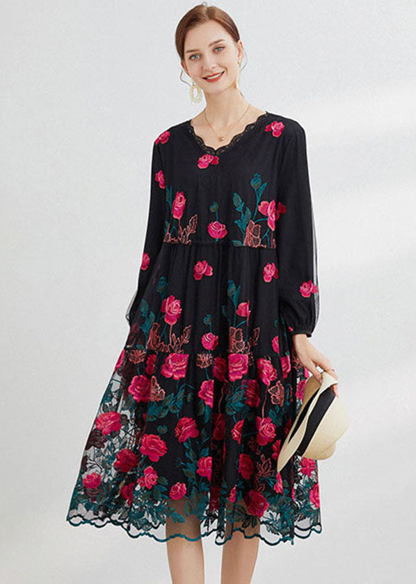 Rose Tulle Maxi Dress O-neck Embroideried Long Sleeve