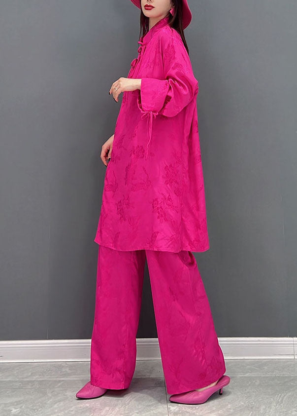 Rose Jacquard Silk Long Tops and Wide Leg Pants Two Pieces Set Stand Collar Long Sleeve