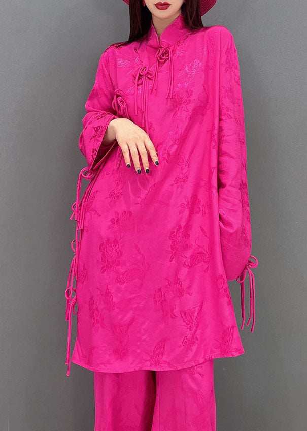 Rose Jacquard Silk Long Tops and Wide Leg Pants Two Pieces Set Stand Collar Long Sleeve