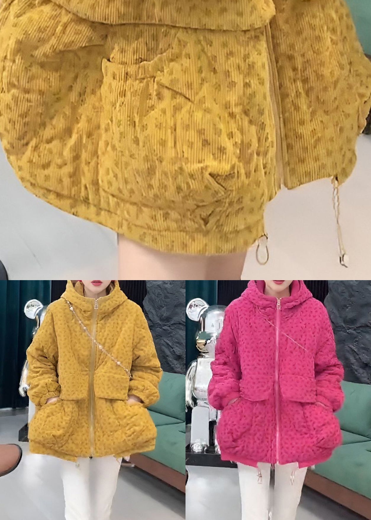 Rose Pockets Drawstring Cotton Filled Winter Parka Hooded