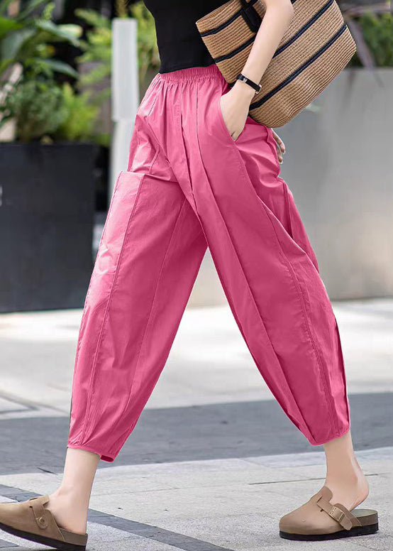 Rose Pockets Elastic Waist Cotton Crop Pants Wrinkled