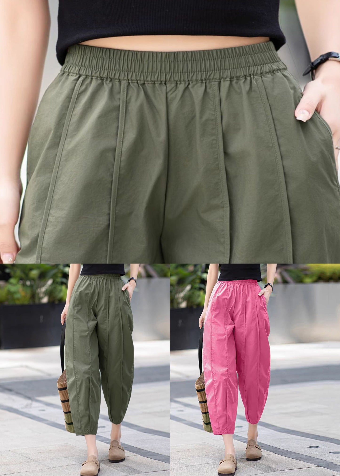 Rose Pockets Elastic Waist Cotton Crop Pants Wrinkled