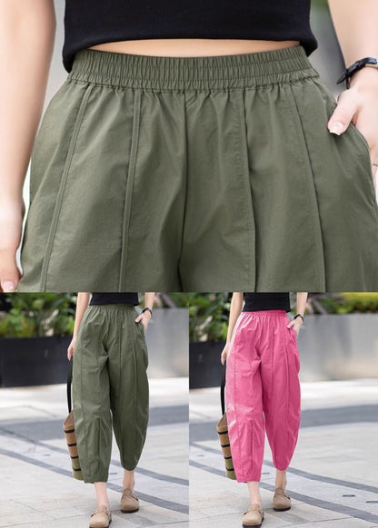 Rose Pockets Elastic Waist Cotton Crop Pants Wrinkled