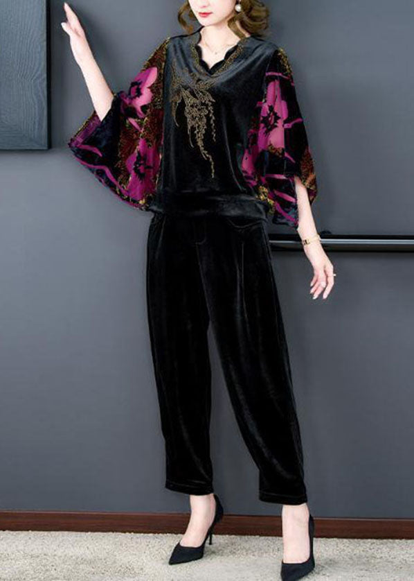 Rose Print Silk Velour Tops and Pants Two Pieces Set V Neck Batwing Sleeve