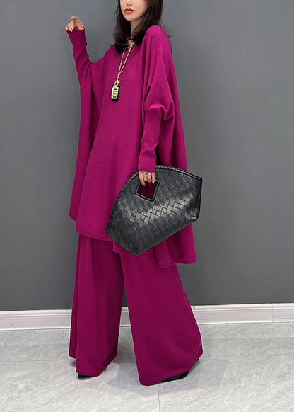 Rose V Neck Knit Top and Wide Leg Pants Two Pieces Set Fall