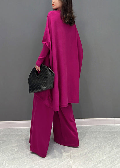 Rose V Neck Knit Top and Wide Leg Pants Two Pieces Set Fall