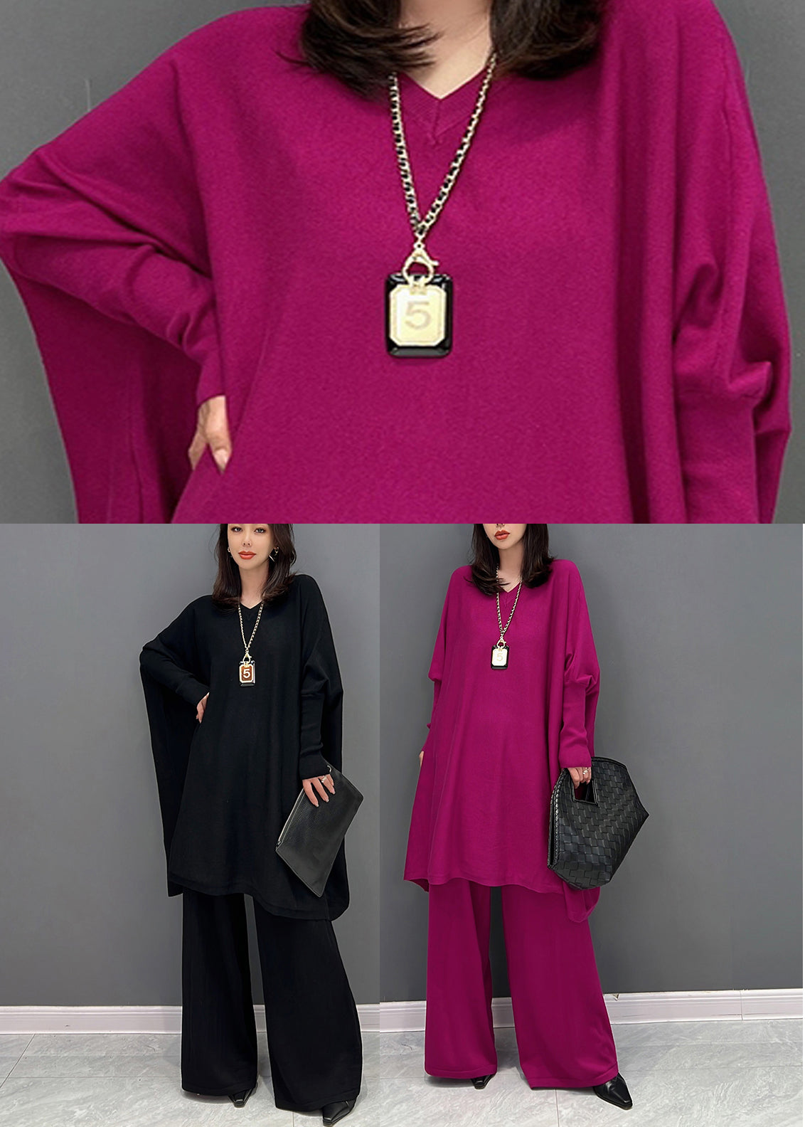Rose V Neck Knit Top and Wide Leg Pants Two Pieces Set Fall