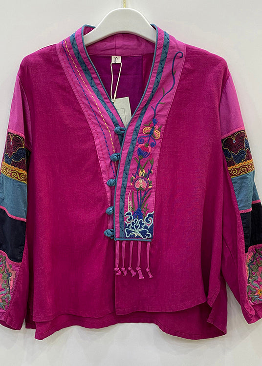 Rose V Neck Low High Design Linen Top Long Sleeve