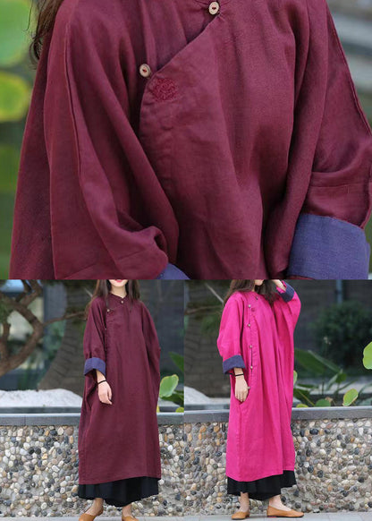 Rose Loose Linen Gown Button Stand Collar Spring